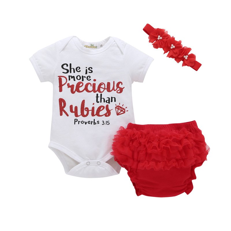 Baby Girls Clothes Set Letters Print Short Sleeve T-shirt+Lace Shorts+Headband Summer Newborn Clothing 3PCS Suit