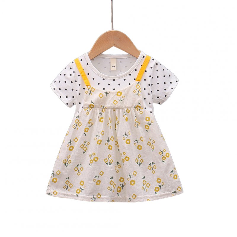 Baby Girls Short Sleeves Dress Summer Sweet Polka Dot Floral Printing Cotton Dress For 1-3 Years Old Kids yellow 30-36M 110