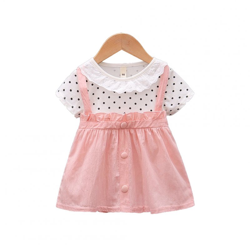 Baby Girls Summer Dress Polka Dot Print Round Neck Short Sleeve Princess Dresses Fake Two Pieces pink 12-18M 80