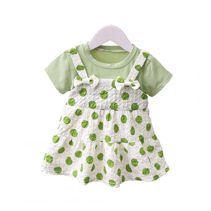 Baby Girls Summer Dress Polka Dot Print Round Neck Short Sleeve Bow Princess Dress Fake Two Pieces green 12-18M 80