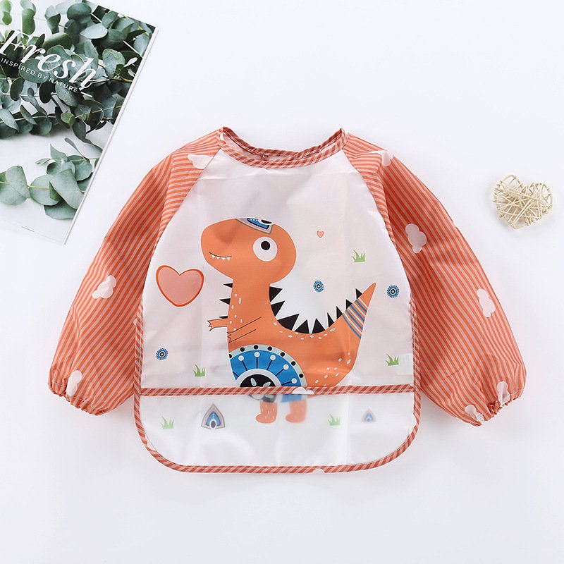 Baby Long Sleeves Bib Cute Cartoon Printing Multi-color Waterproof Feeding Apron For 1-3 Years Old Boys Girls Dinosaur 1-3Y free size