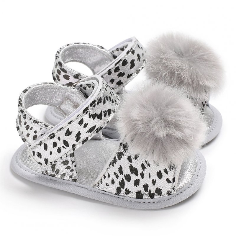 Baby Sandals Flat Shoes Soft Sole Leopard Plush Ball Magic Sticker for 0-1Y Toddler Infant White_13 cm