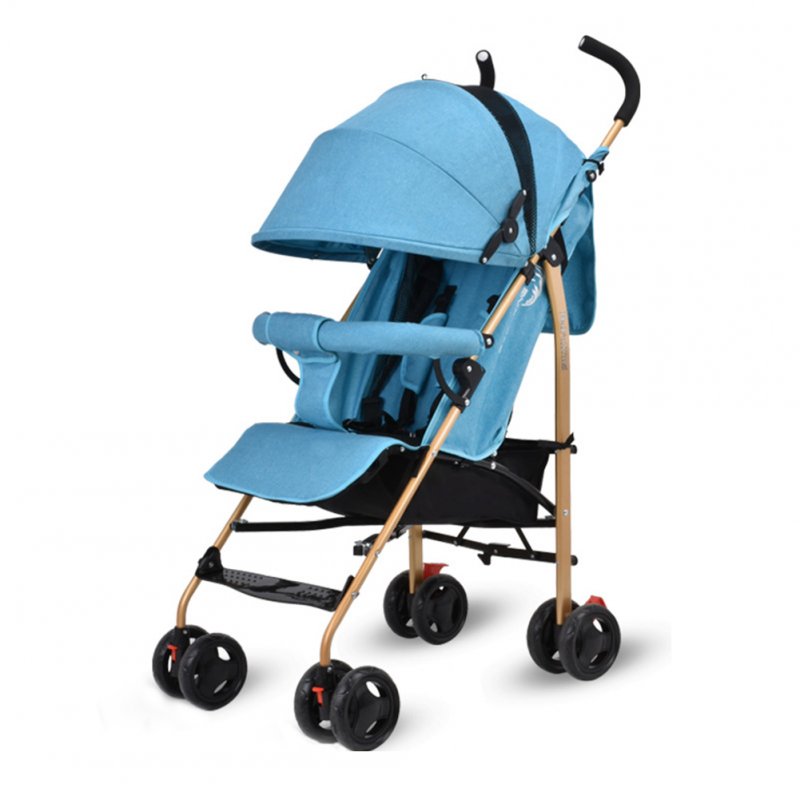 Baby Stroller Four-wheel Foldable Lightweight Baby Carriage With Front Wheel Shock Absorber Adjustable Strap Blue