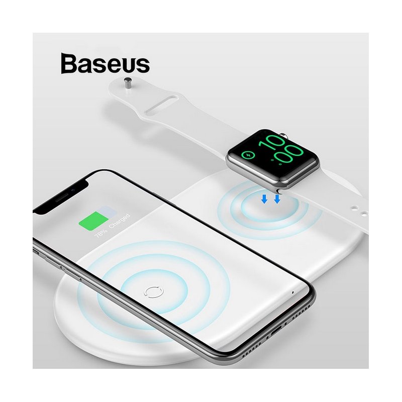 Original BASEUS 2 in 1 Wireless Charger Pad for Apple Watch 4/3/2/1 Fast Wireless Charging for iPhone 8 Xs Max Samsung S9 white