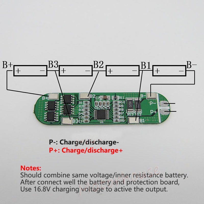 Battery Circuit Protection PCB Board for 4 Packs 18650 Lithium Battery 14.8V 16.8V green