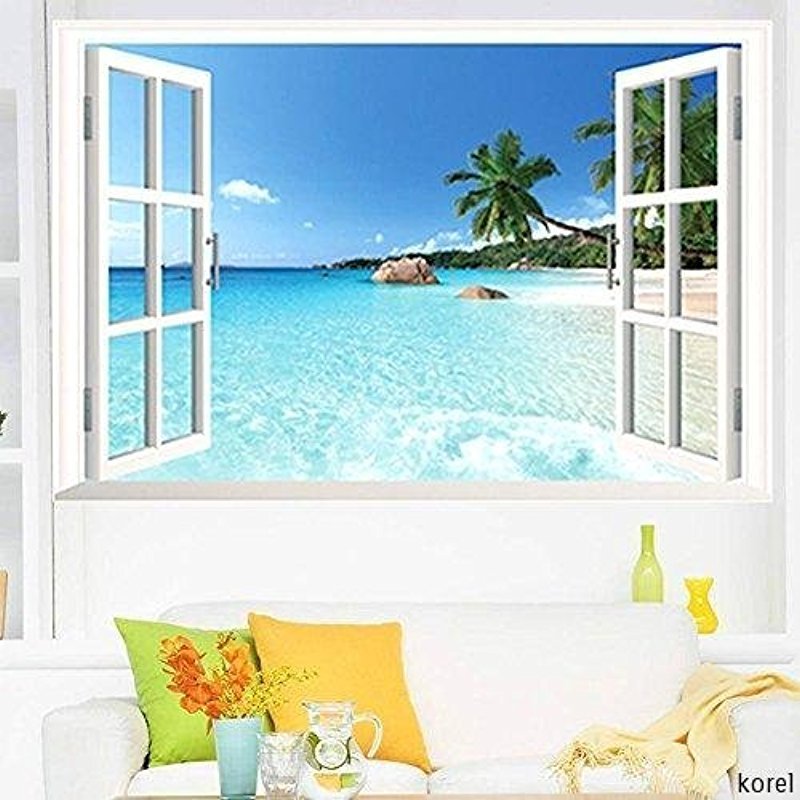 Large Removable Beach Sea 3D Window Decal WALL STICKER Home Decor Exotic Beach View Art Wallpaper Mural