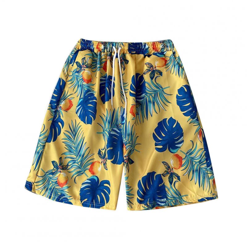 Beach  Pants Seaside Vacation Loose Couple Fifth-pants Boxer Swimming Trunks Flower Shorts Yellow_XL