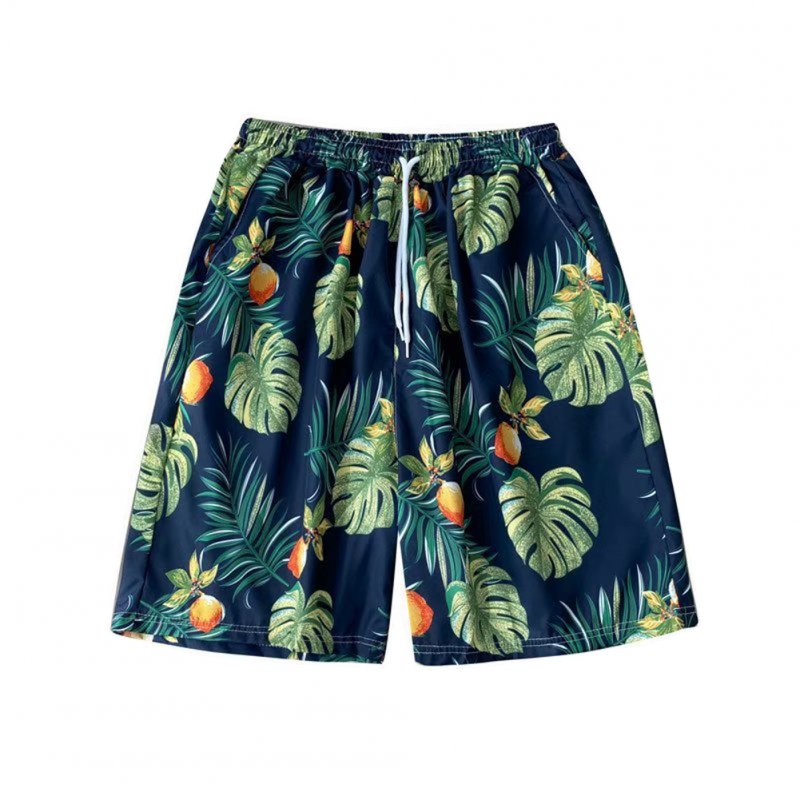 Beach  Pants Seaside Vacation Loose Couple Fifth-pants Boxer Swimming Trunks Flower Shorts Navy blue_XL