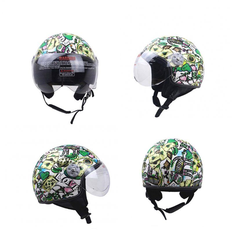 DOT Certification Helmet Leather Cover Scooter Vintage Helmet Green graffiti XL