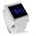 Blue LED Touch Screen Wrist Watch that can inform you of the time and date as well as a white strap making this a cool and fashionable gadget