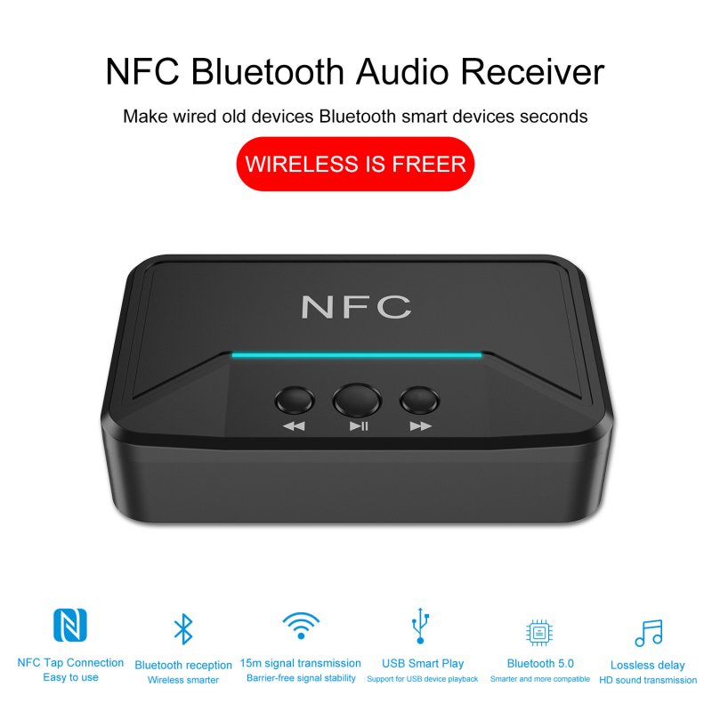 Bluetooth Receiver HiFi Wireless Audio Adapter with DC USB 3.5mm AUX 2 RCA Low Latency for Phone/Home Music System black