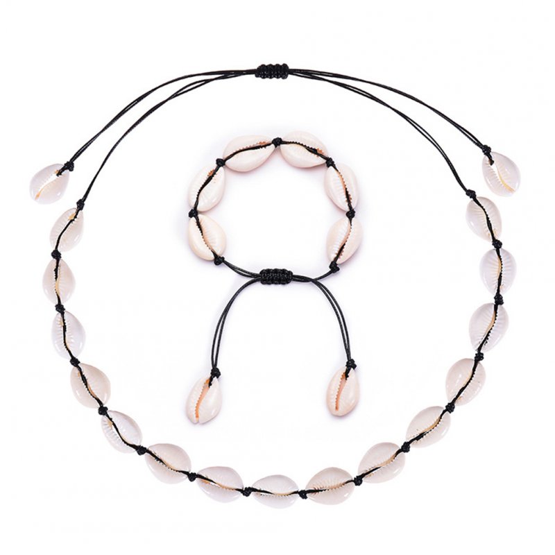 Bohemian Style Natural Shell Hand Knitting Necklace/Bracelet Black - shell (set)