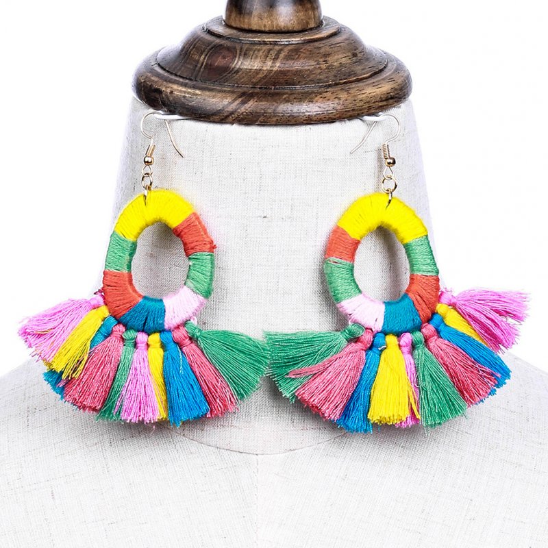 Boho Colorful Fan-shaped Tassel Earrings Handmade Big Ring Long Drop Earrings Women Jewelry