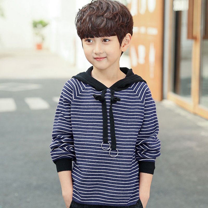 Boy Children Fashion Stripe Hooded Long Sleeve Soft Cotton Pullover Tops Striped hoodie navy_160cm