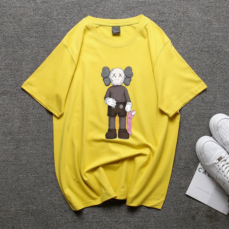 Boy Girl KAWS Couple T-shirt Cartoon Doll Crew Neck Short Sleeve Loose Student Pullover Tops Yellow_M