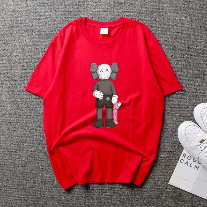 Boy Girl KAWS Couple T-shirt Cartoon Doll Crew Neck Short Sleeve Loose Student Pullover Tops Red_L