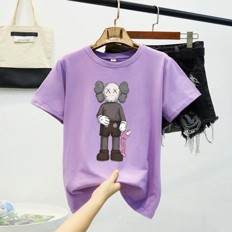 Boy Girl KAWS Couple T-shirt Cartoon Doll Crew Neck Short Sleeve Loose Student Pullover Tops Violet_M