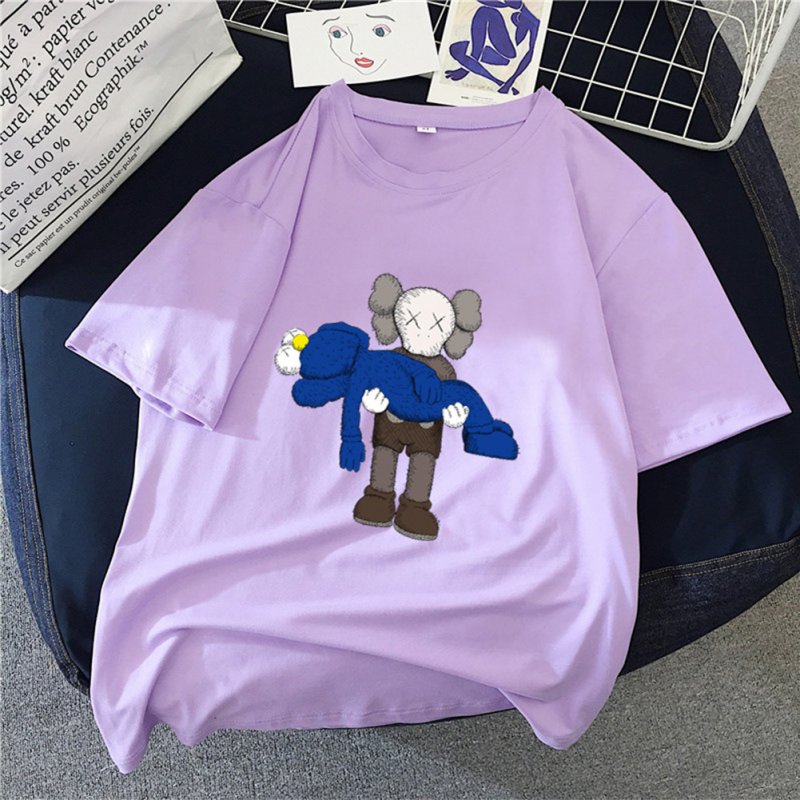 Boy Girl KAWS T-shirt Cartoon Holding Doll Crew Neck Couple Student Loose Pullover Tops Violet_XXXL