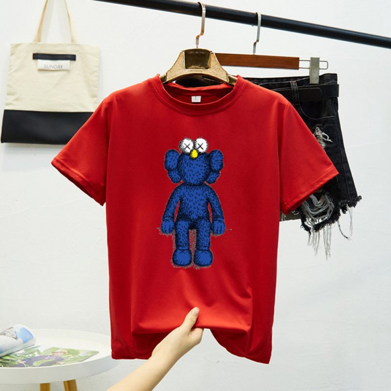 Boy Girl KAWS T-shirt Cartoon Sitting Doll Crew Neck Loose Couple Student Pullover Tops Red_L