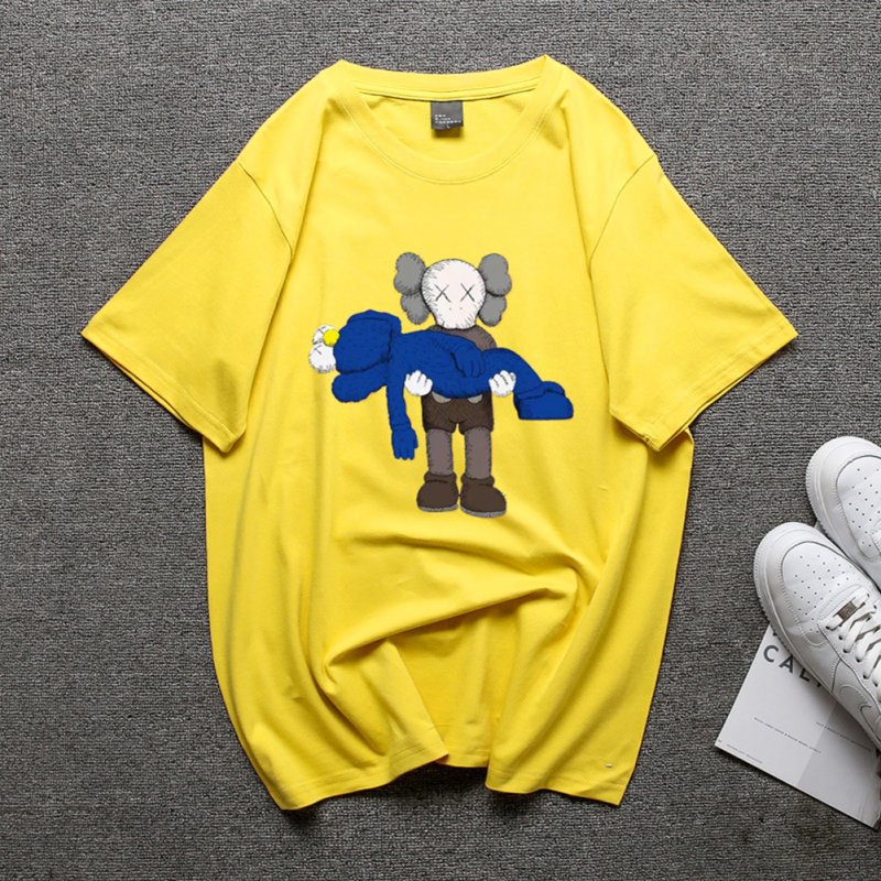 Boy Girl KAWS T-shirt Cartoon Holding Doll Crew Neck Couple Student Loose Pullover Tops Yellow_S