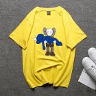 Boy Girl KAWS T shirt Cartoon Holding Doll Crew Neck Couple Student Loose Pullover Tops Yellow XXL