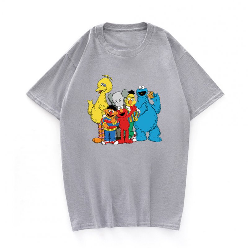 Boy Girl KAWS T-shirt Cartoon Animals Crew Neck Loose Couple Student Pullover Tops Gray_L