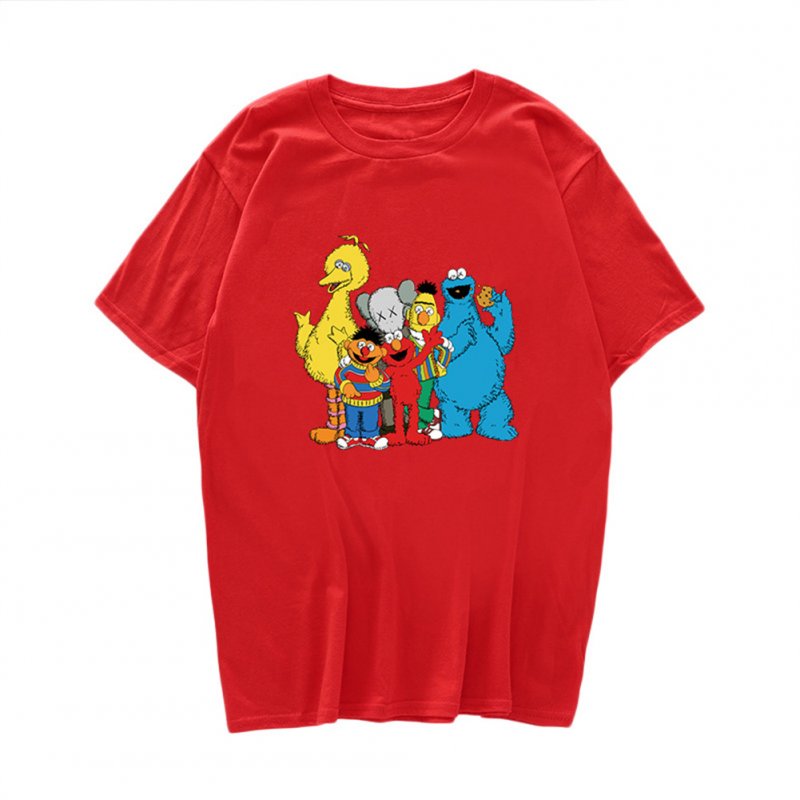 Boy Girl KAWS T-shirt Cartoon Animals Crew Neck Loose Couple Student Pullover Tops Red_XXL