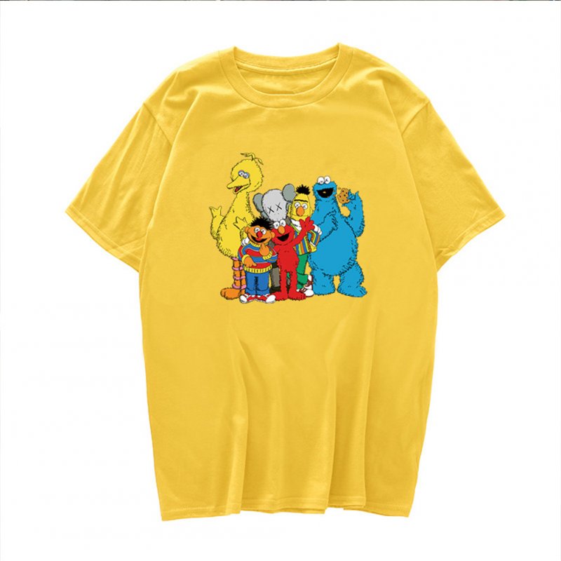 Boy Girl KAWS T-shirt Cartoon Animals Crew Neck Loose Couple Student Pullover Tops Yellow_S