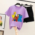 Boy Girl KAWS T-shirt Cartoon Animals Crew Neck Loose Couple Student Pullover Tops Violet_M