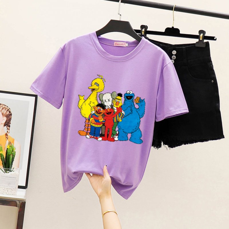 Boy Girl KAWS T-shirt Cartoon Animals Crew Neck Loose Couple Student Pullover Tops Violet_XXL