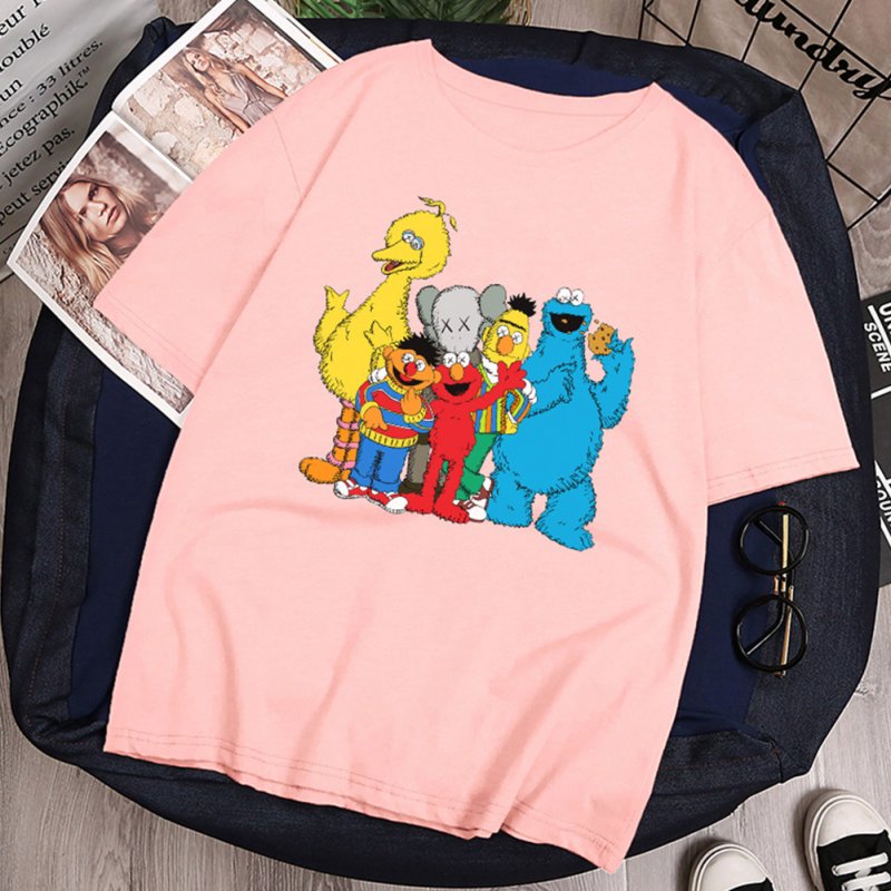 Boy Girl KAWS T-shirt Cartoon Animals Crew Neck Loose Couple Student Pullover Tops Pink_XXL