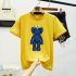 Boy Girl KAWS T shirt Cartoon Sitting Doll Crew Neck Loose Couple Student Pullover Tops Yellow XXXL