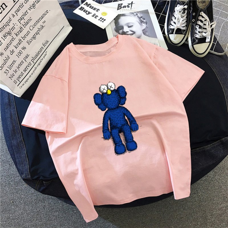 Boy Girl KAWS T-shirt Cartoon Sitting Doll Crew Neck Loose Couple Student Pullover Tops Pink_L