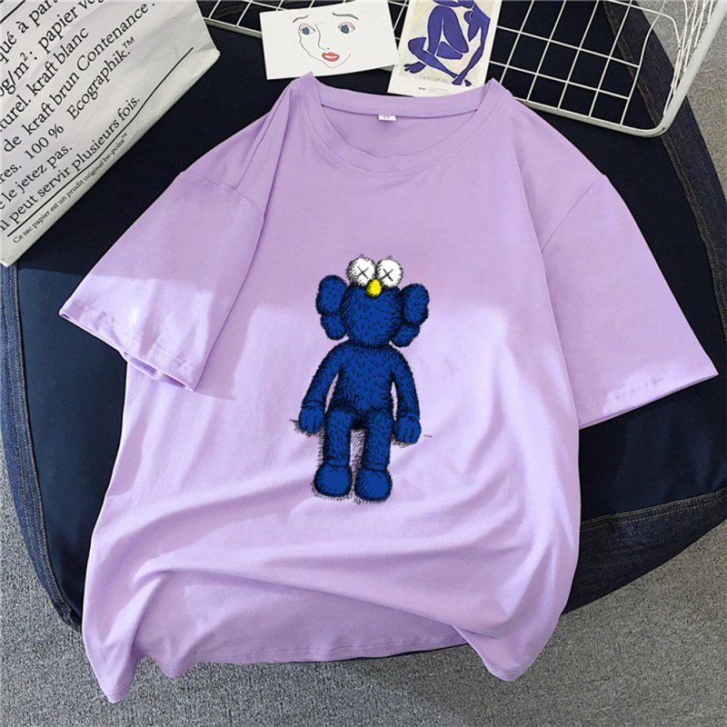 Boy Girl KAWS T-shirt Cartoon Sitting Doll Crew Neck Loose Couple Student Pullover Tops Violet_S