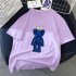 Boy Girl KAWS T shirt Cartoon Sitting Doll Crew Neck Loose Couple Student Pullover Tops Violet S