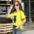 Boy Girl KAWS T shirt Cartoon Sitting Doll Crew Neck Loose Couple Student Pullover Tops Yellow L