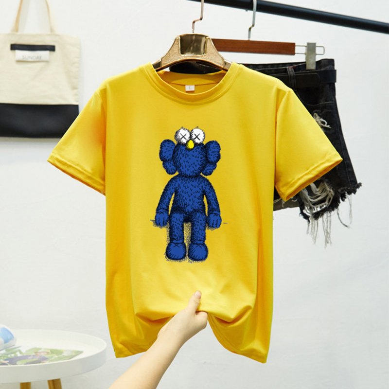 Boy Girl KAWS T-shirt Cartoon Sitting Doll Crew Neck Loose Couple Student Pullover Tops Yellow_L