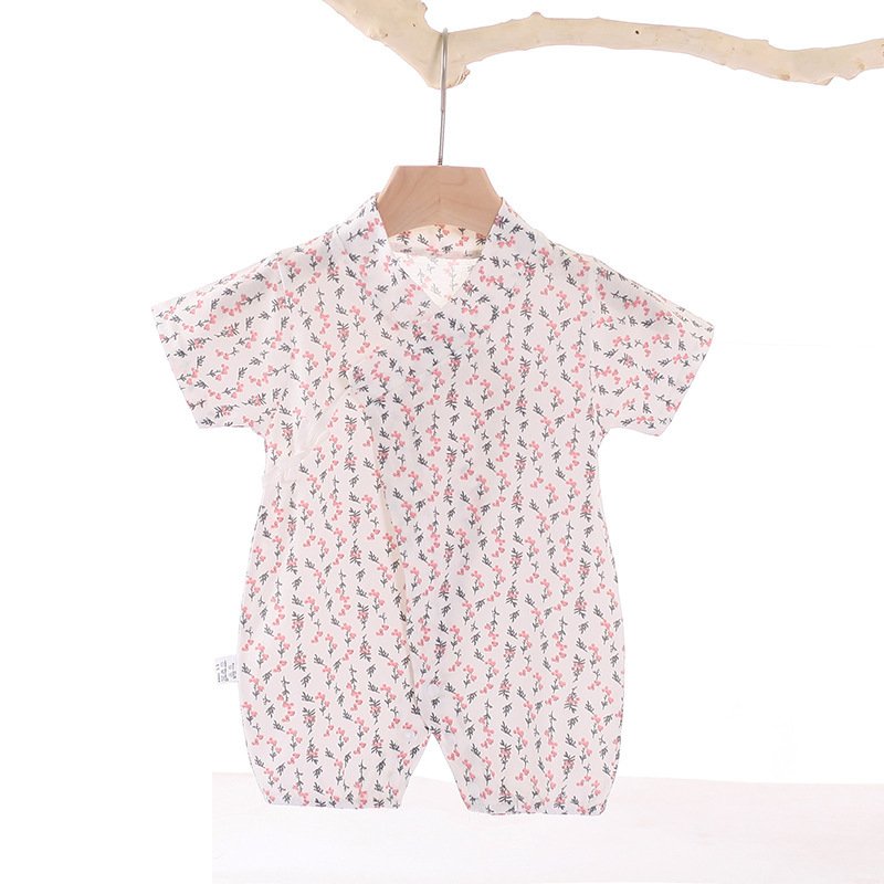 Boys Girls Short Sleeves Romper Summer Cotton Slanted Lace-up Breathable Jumpsuit For 0-3 Years Old Kids pink floral 2-3Y 80cm