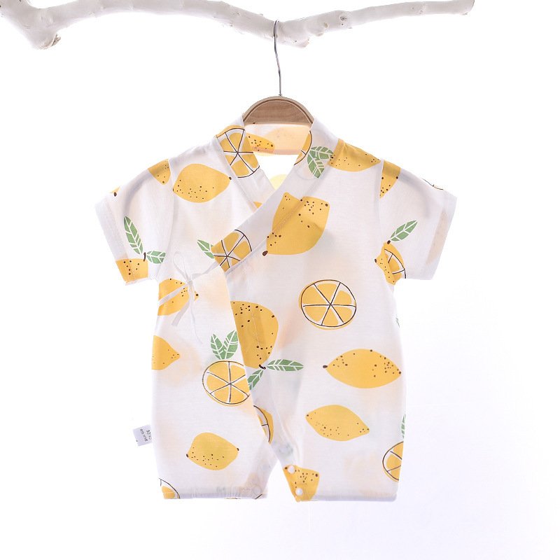 Boys Girls Short Sleeves Romper Summer Cotton Slanted Lace-up Breathable Jumpsuit For 0-3 Years Old Kids yellow lemon 0-3M 52cm
