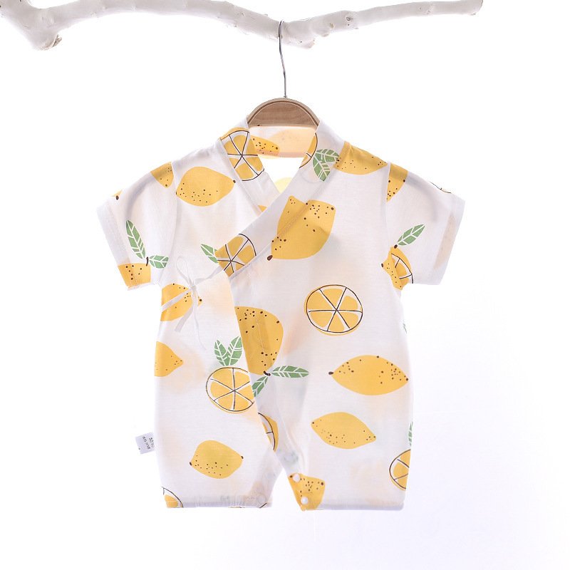 Boys Girls Short Sleeves Romper Summer Cotton Slanted Lace-up Breathable Jumpsuit For 0-3 Years Old Kids yellow lemon 1-2Y 73CM