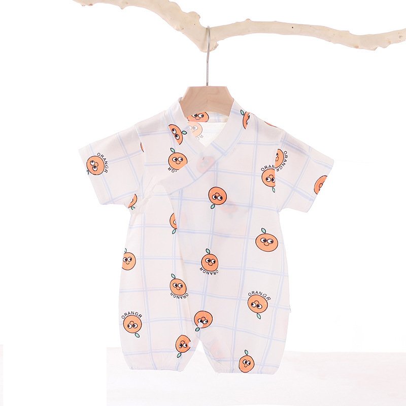 Boys Girls Short Sleeves Romper Summer Cotton Slanted Lace-up Breathable Jumpsuit For 0-3 Years Old Kids orange 2-3Y 80cm