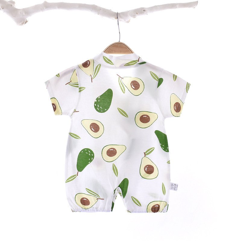 Boys Girls Short Sleeves Romper Summer Cotton Slanted Lace-up Breathable Jumpsuit For 0-3 Years Old Kids avocado 0-3M 52cm