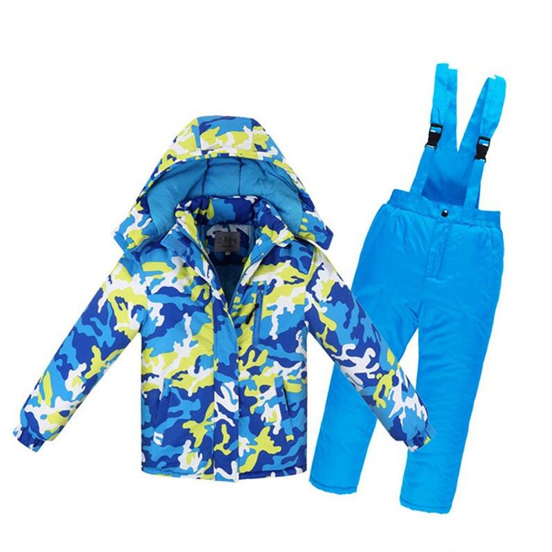 Boys/Girls Ski Suit Waterproof Pants+Jacket Set Winter Sports Thickened Clothes Blue and yellow camouflage_10A (height 140cm)
