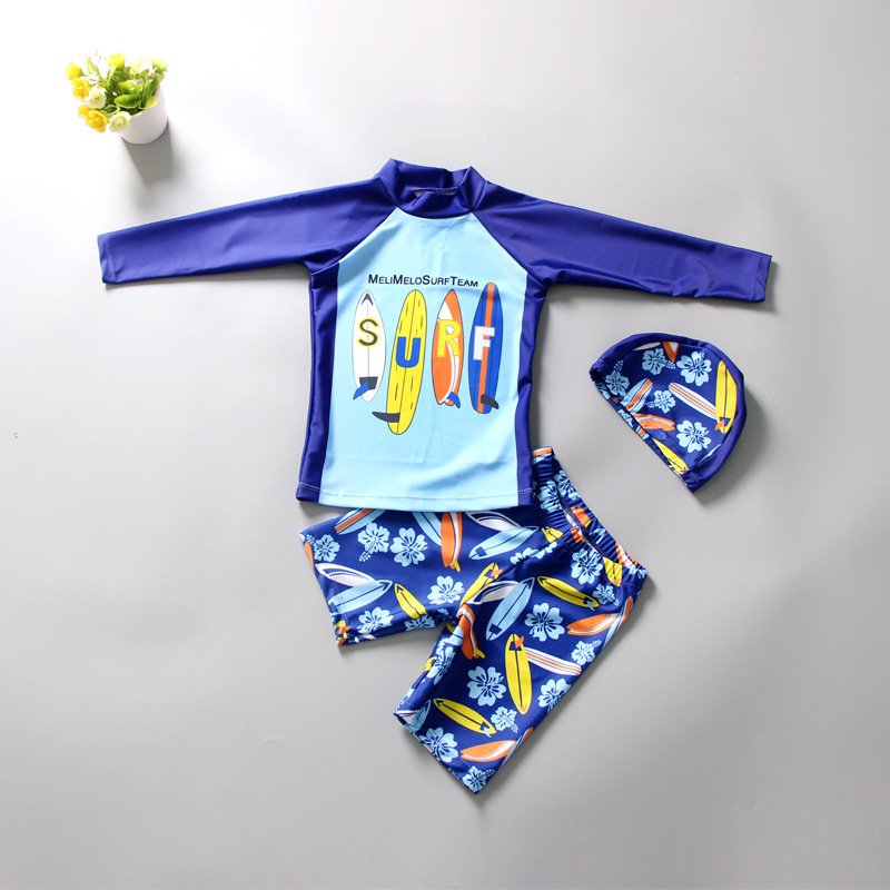 Boys Long Sleeves Swimsuit Set Trendy Printing Sunscreen Quick-drying Swimwear Swimming Trunks Swimming Cap Suit skateboard 3-4 years L