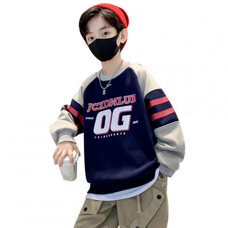 Boys Long-sleeved Sweatshirt Letter Printing Crew Neck Contrast Color Children Clothes navy blue 12-13Y 160cm