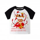 Boys Short Sleeves T-shirt Chinese Style Lion Dance Printing Round Neck Tops For 2-8 Years Old Kids black sleeves 7-8Y 140cm