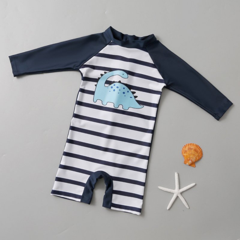 Boys Toddler Swimsuit Long-sleeved Sunscreen Striped Bathing Surfing Suit Quick-drying One-piece Swimsuit navy blue 7-8Y XL