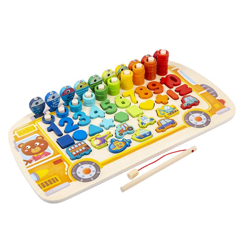 Busy School Bus Wooden Alphabet Number Shape Puzzles Toys Toddlers Fishing Toy Rings Counting Sorting Educational Math Toys