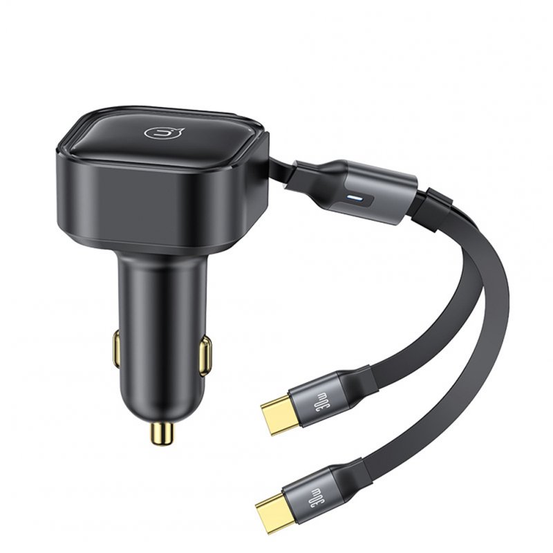 C41 Fast Charge Retractable Car Charger 30W Dual USB C Phone Charger Cigarette Lighter Adapter With 2 Type-C Charge Cable 12V-24V Universal For Off-road Vehicles black Type-C+Type-C