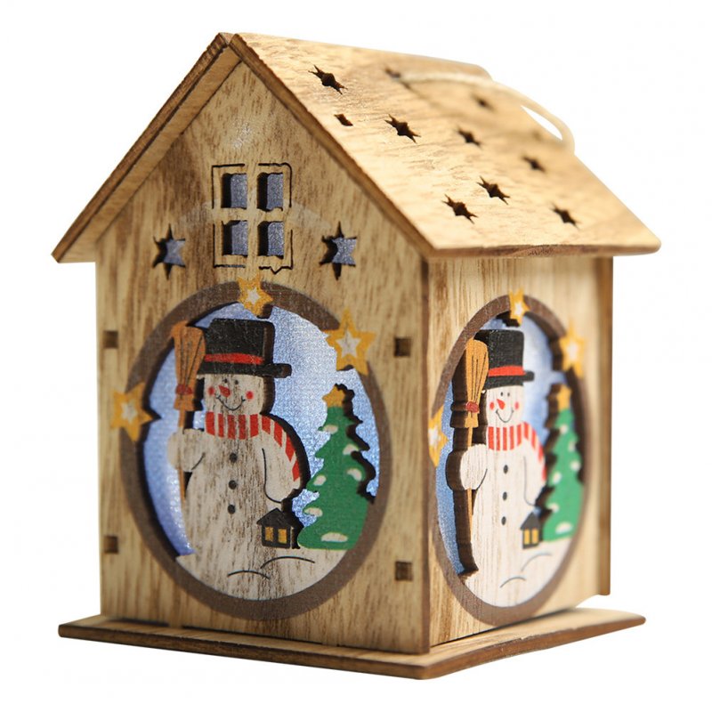 Cabin Shape Hanging Pendant with Light for Christmas Wooden Decoration Single-story roof snowman
